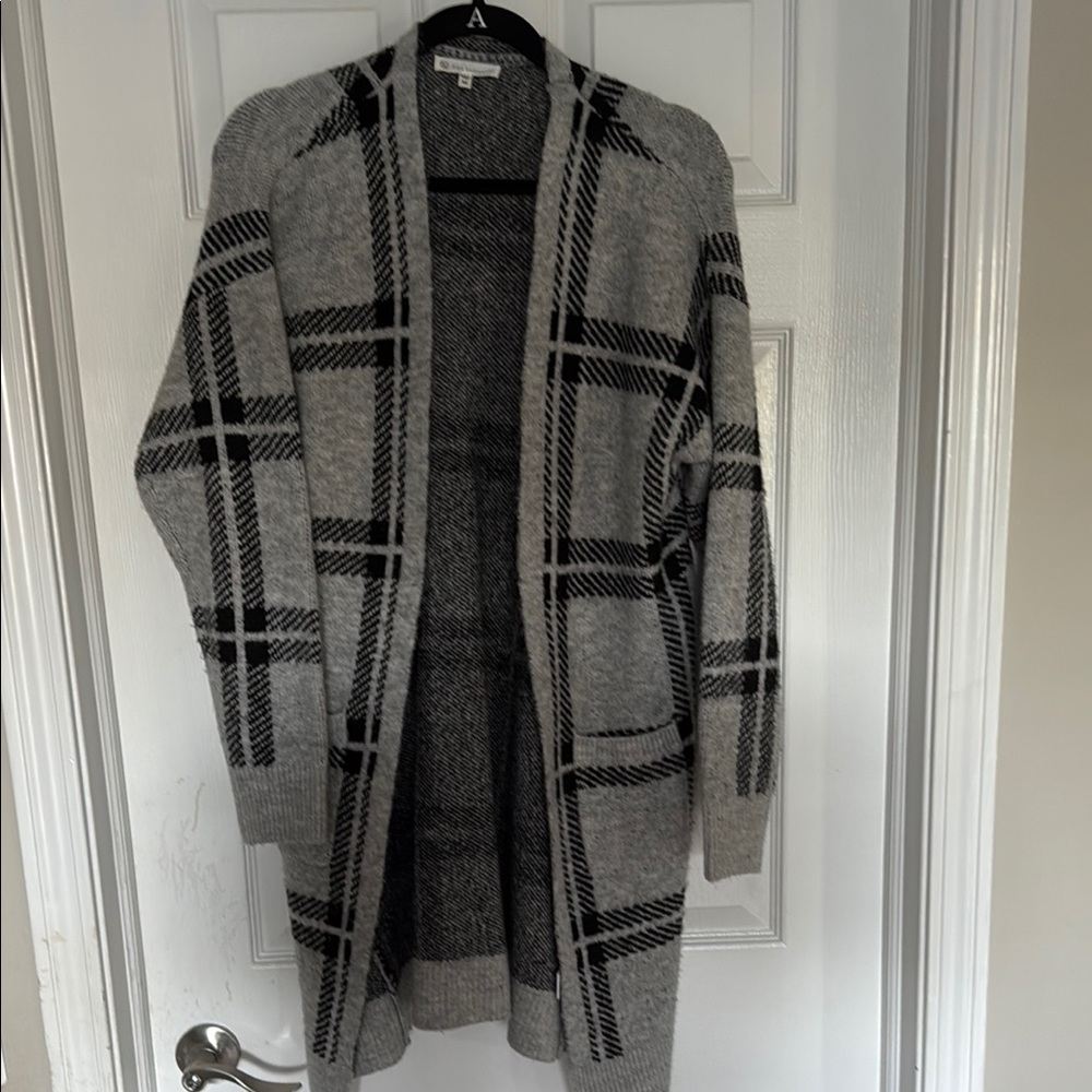 Gray Plaid Open Front Cardigan Sweater